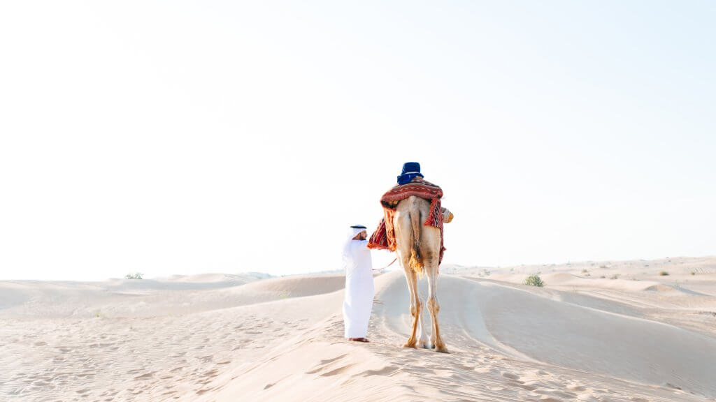 Arabian man with traditional clothes riding his camel