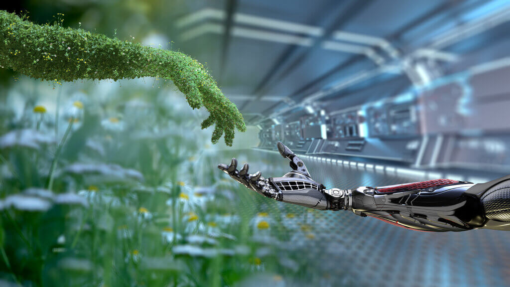 human arm covered with grass and lush and robotic hand