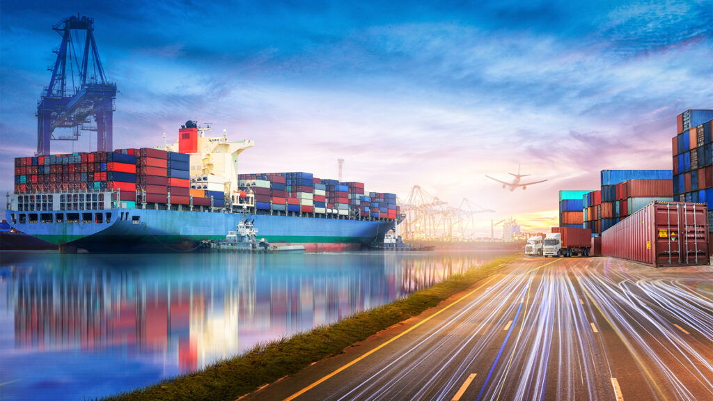 Logistics and transportation of International Container Cargo ship and cargo plane in the ocean at twilight sky