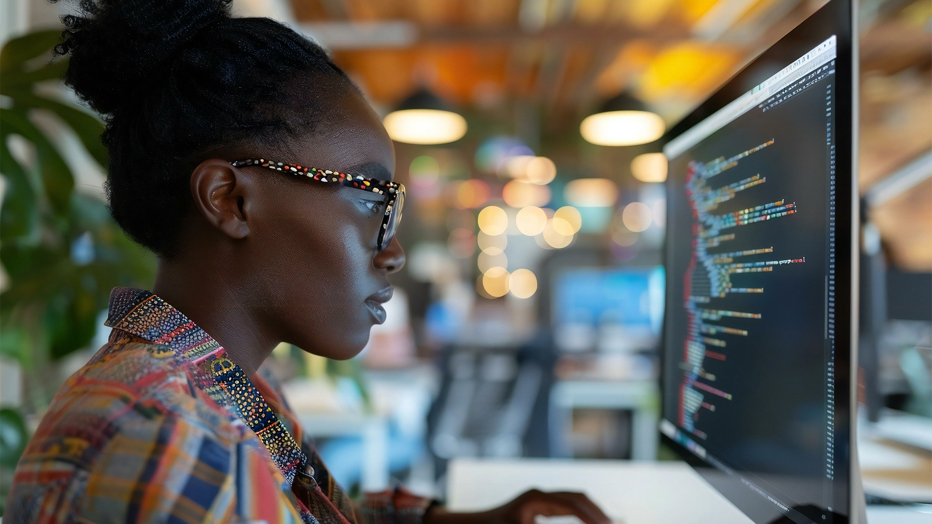 An African woman programmer coding on a computer in her office.