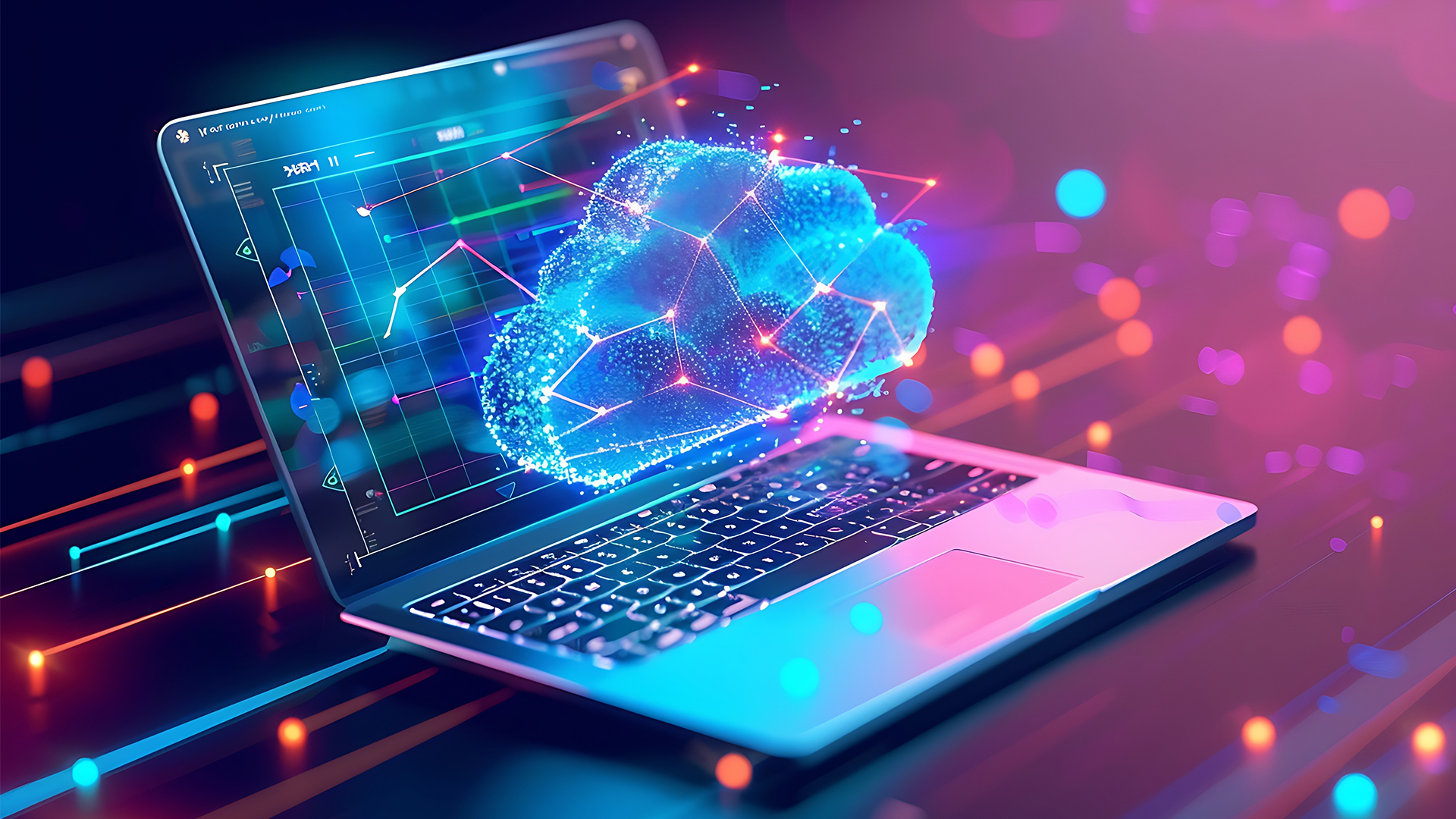 Laptop connected to cloud digital saving. Edge computing image background.