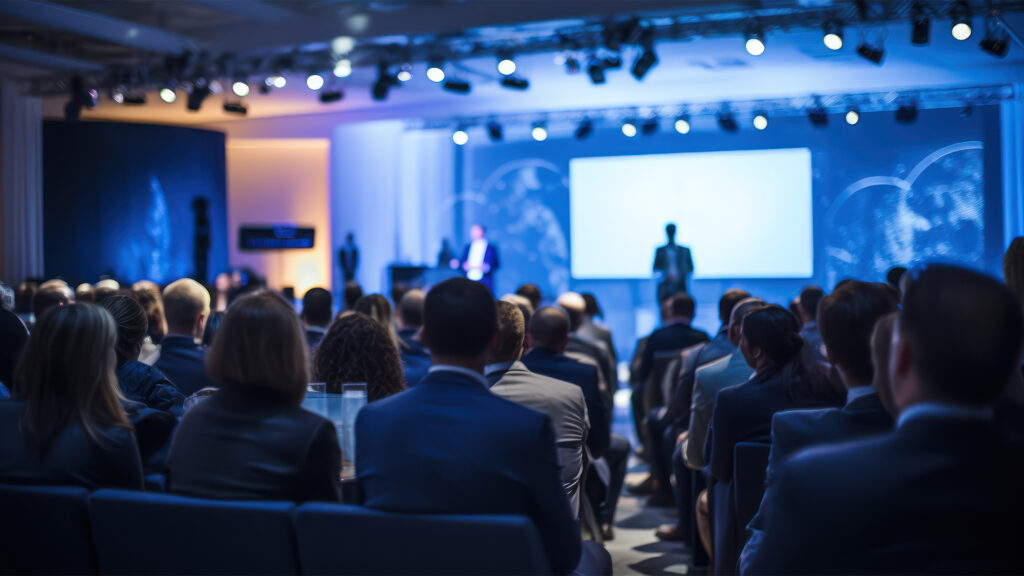 Speaker giving a talk on corporate Business Conference